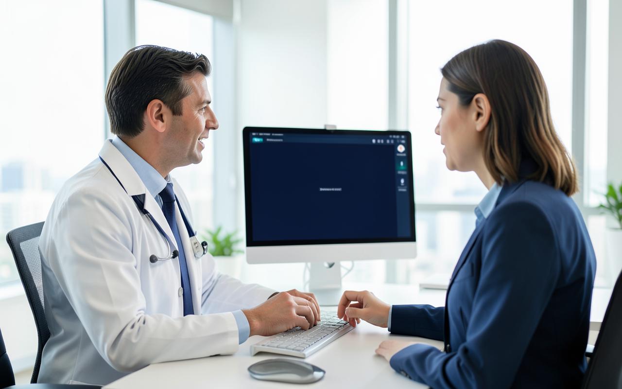 Médico em teleconsulta com uma pessoa através de uma interface de vídeo